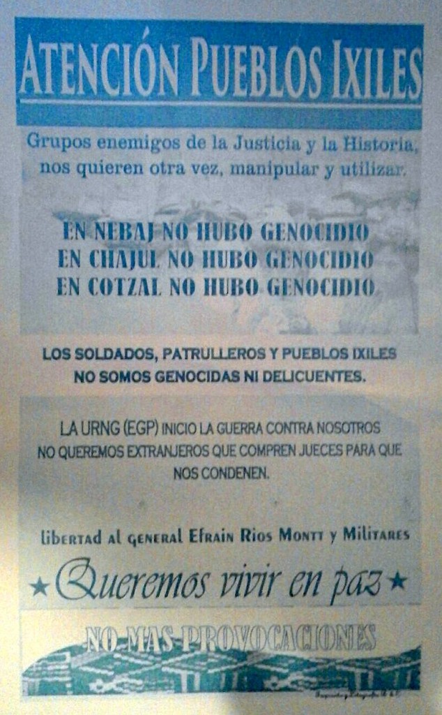 Volantino che nega il genocidio, distribuito a Nebaj nella giornata di domenica 17 aprile 